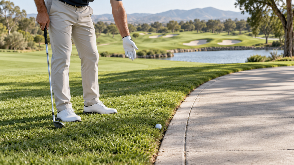 Golfer evaluating a ball beside a paved golf cart path - Fore Alarm cart path relief guide
