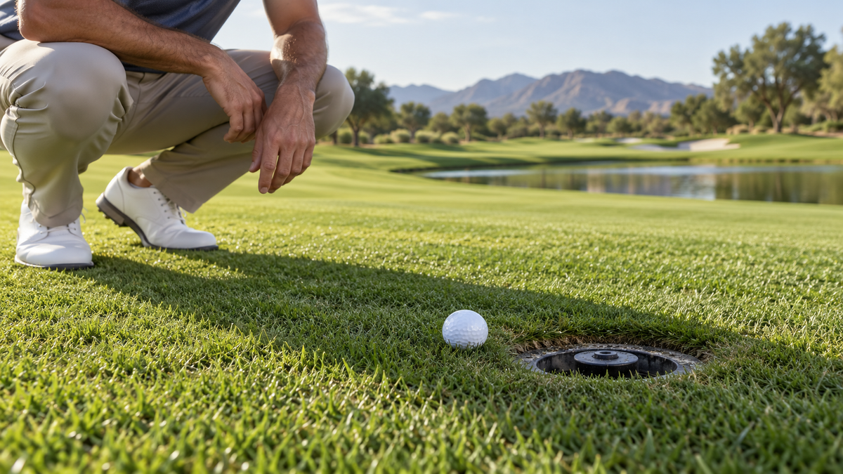 Golf ball beside an in-ground sprinkler head - Fore Alarm sprinkler relief guide