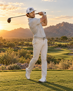 Golfer wearing a Fore Alarm white and black rope hat after a tee shot
