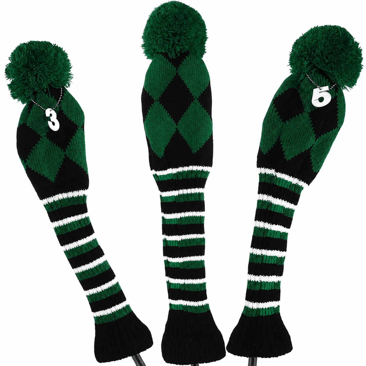 Vintage Vibe Golf Club Headcovers Set – 3pcs Knitted Pom Pom Sock Covers for Drivers and Fairway Woods
